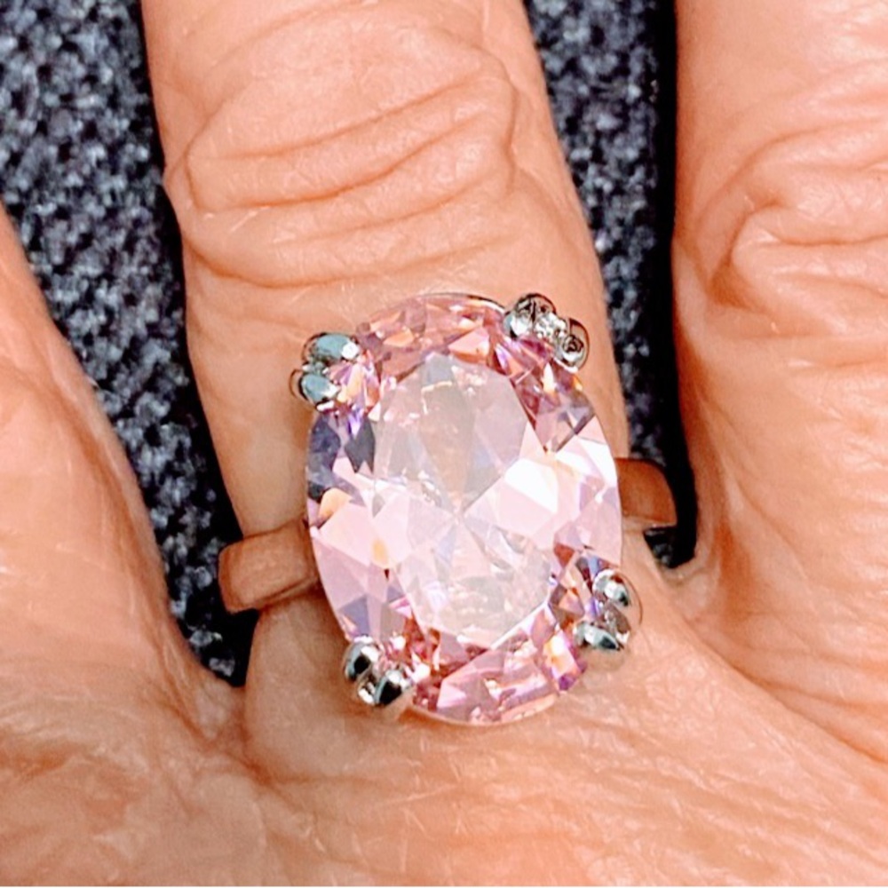 Sterling Silver Plated Ring with Large Pink Oval Synthetic Cubic Zirconia